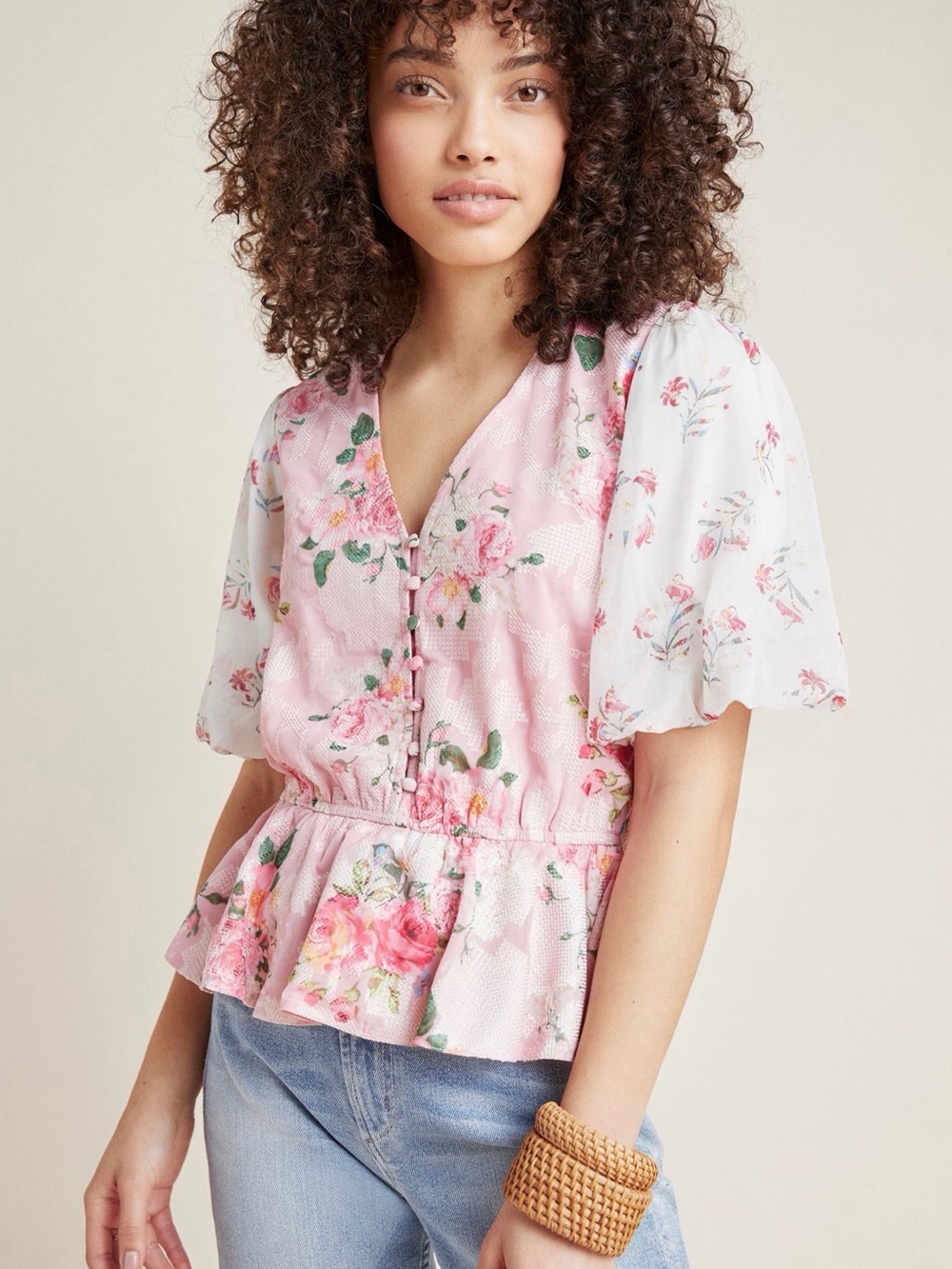 NWT - Anthropologie Hemant & Nandita Pink Floral Peplum V-Neck Blouse